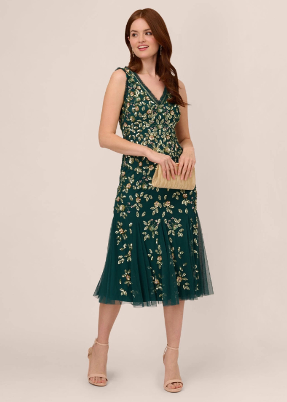 NWT Adrianna Papell Embellished Ruffled Godet Midi Dress Sz 4 Formal Cocktail
